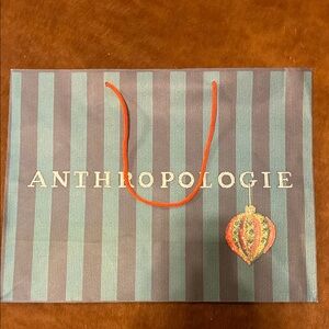 Anthropologie Blue and Gray Striped Bag with Orange Handle